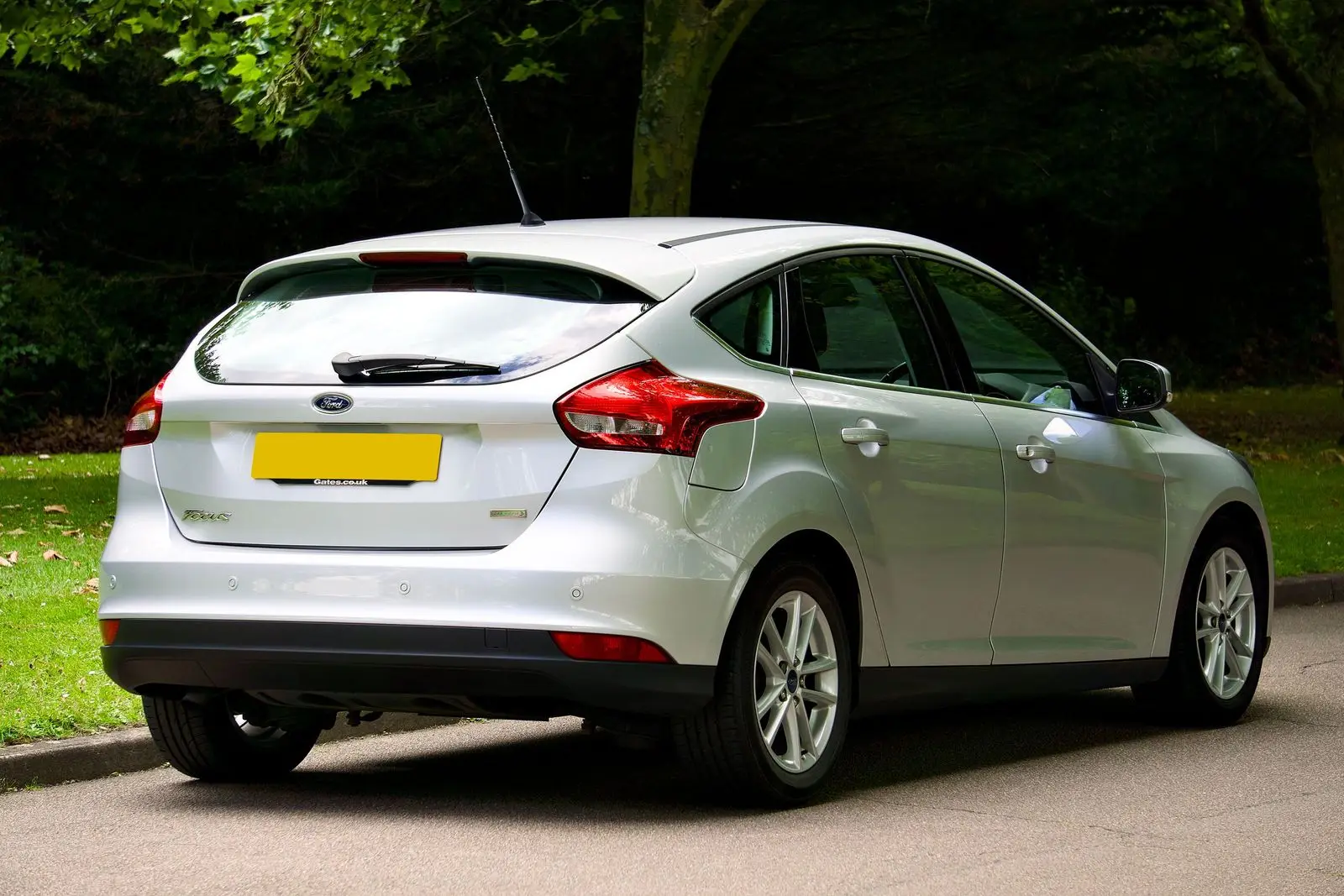 Silver hatchback, rear view