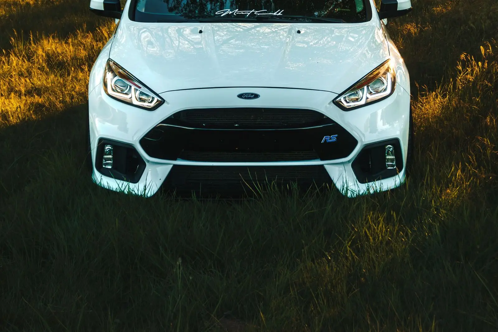 White hatchback on grass at sunset, front view
